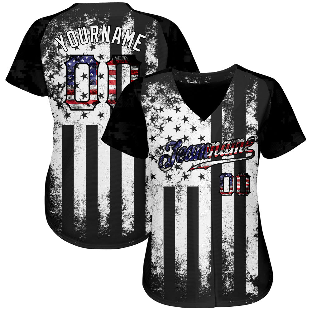 Custom Black USA Flag-White Patriotic Distressed Grunge Desert Camouflage Raglan Sleeves Authentic Baseball Jersey view 2