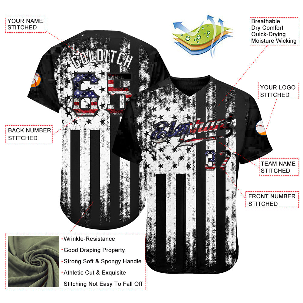 Custom Black USA Flag-White Patriotic Distressed Grunge Desert Camouflage Raglan Sleeves Authentic Baseball Jersey view 3