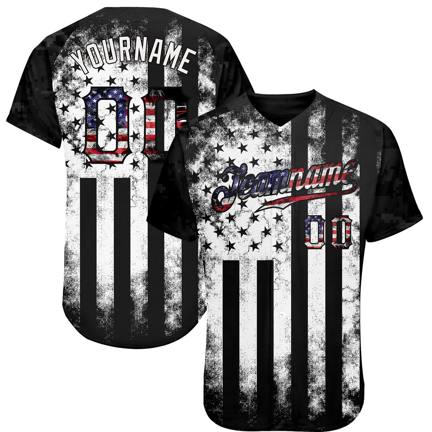 Custom Black USA Flag-White Patriotic Distressed Grunge Desert Camouflage Raglan Sleeves Authentic Baseball Jersey - Main View