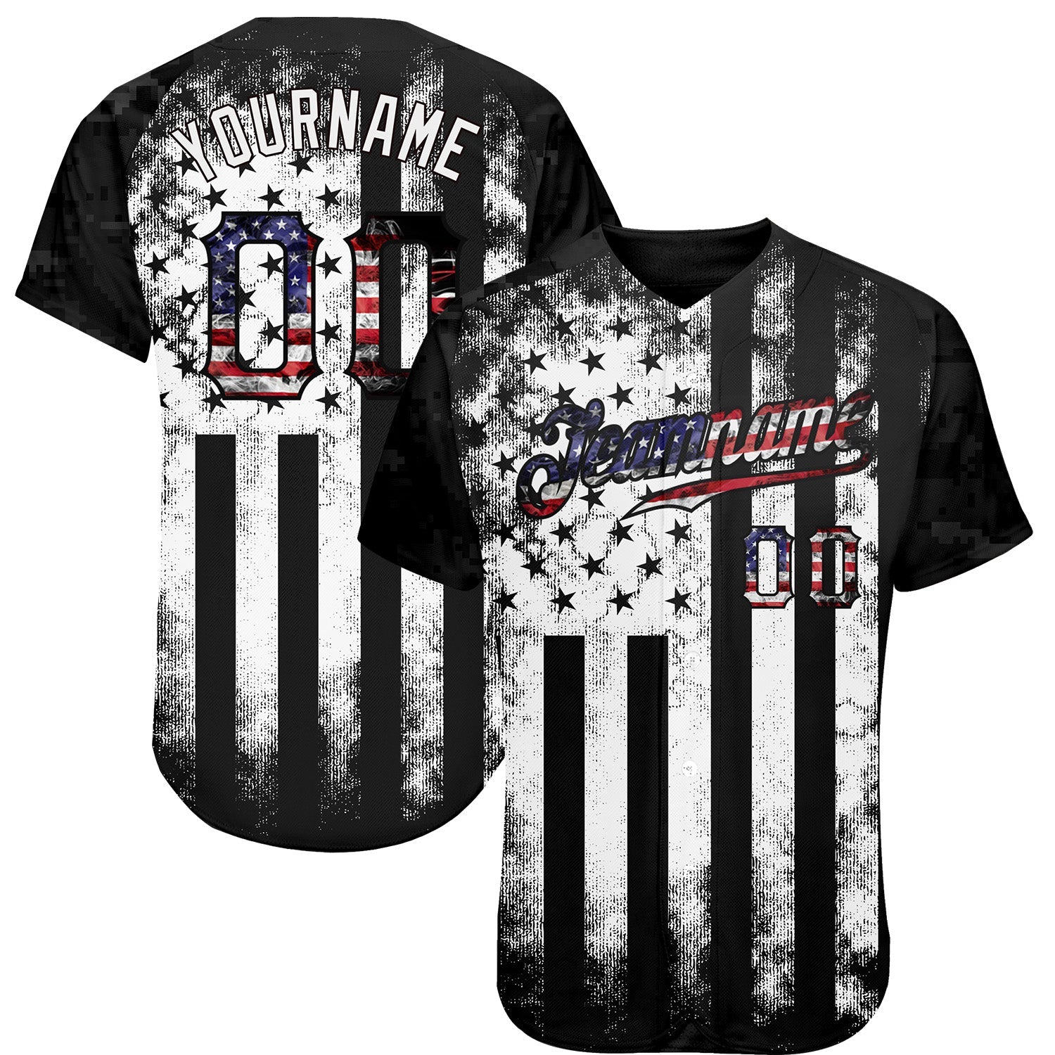 Custom Black USA Flag-White Patriotic Distressed Grunge Desert Camouflage Raglan Sleeves Authentic Baseball Jersey - Main View