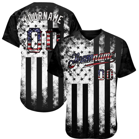 Custom Black USA Flag-White Patriotic Distressed Grunge Desert Camouflage Raglan Sleeves Authentic Baseball Jersey - Main View