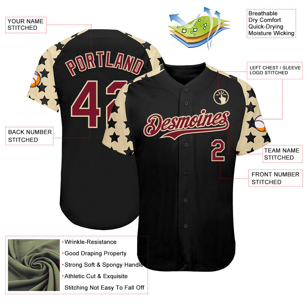 Custom Black Crimson-Cream Star Raglan Sleeves Authentic Baseball Jersey view 3