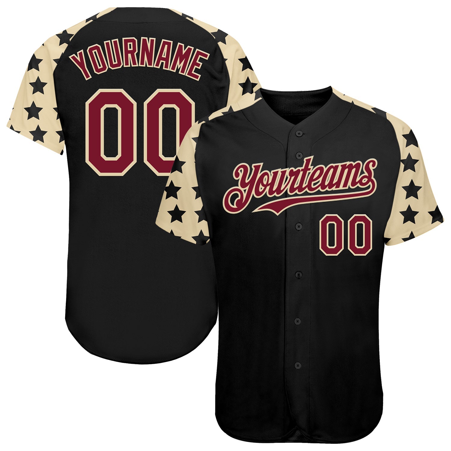 Custom Black Crimson-Cream Star Raglan Sleeves Authentic Baseball Jersey - Main View
