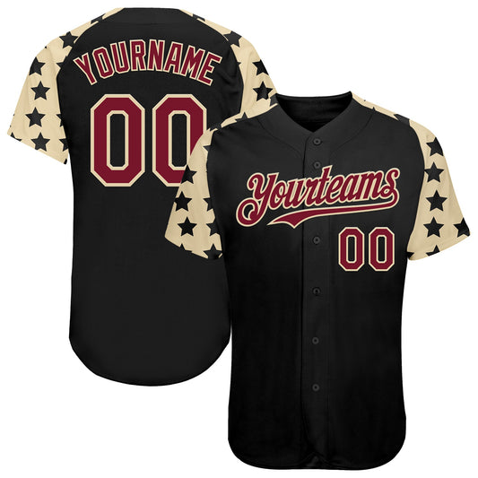 Custom Black Crimson-Cream Star Raglan Sleeves Authentic Baseball Jersey - Main View