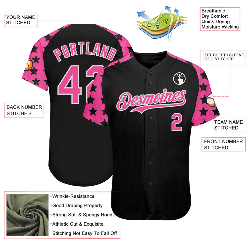 Custom Black Pink-White Star Raglan Sleeves Authentic Baseball Jersey view 3