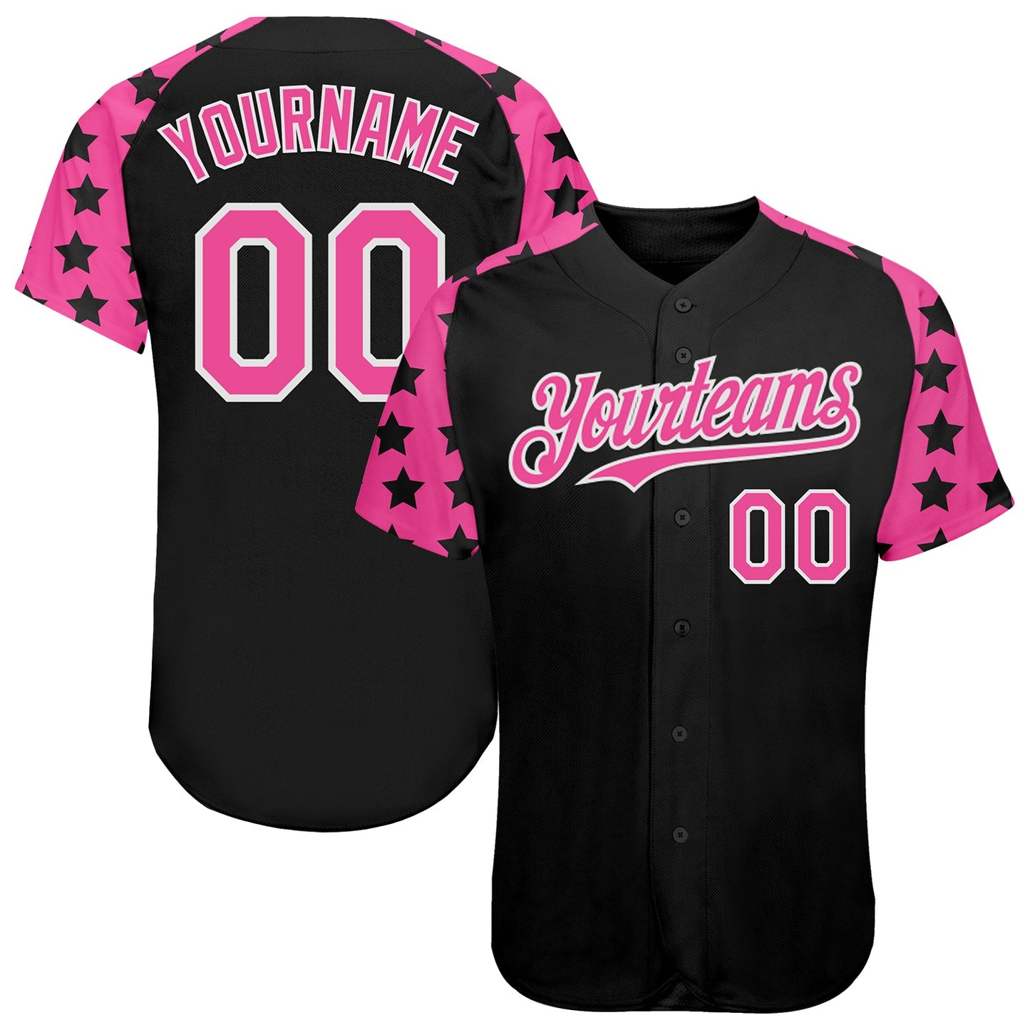 Custom Black Pink-White Star Raglan Sleeves Authentic Baseball Jersey - Main View