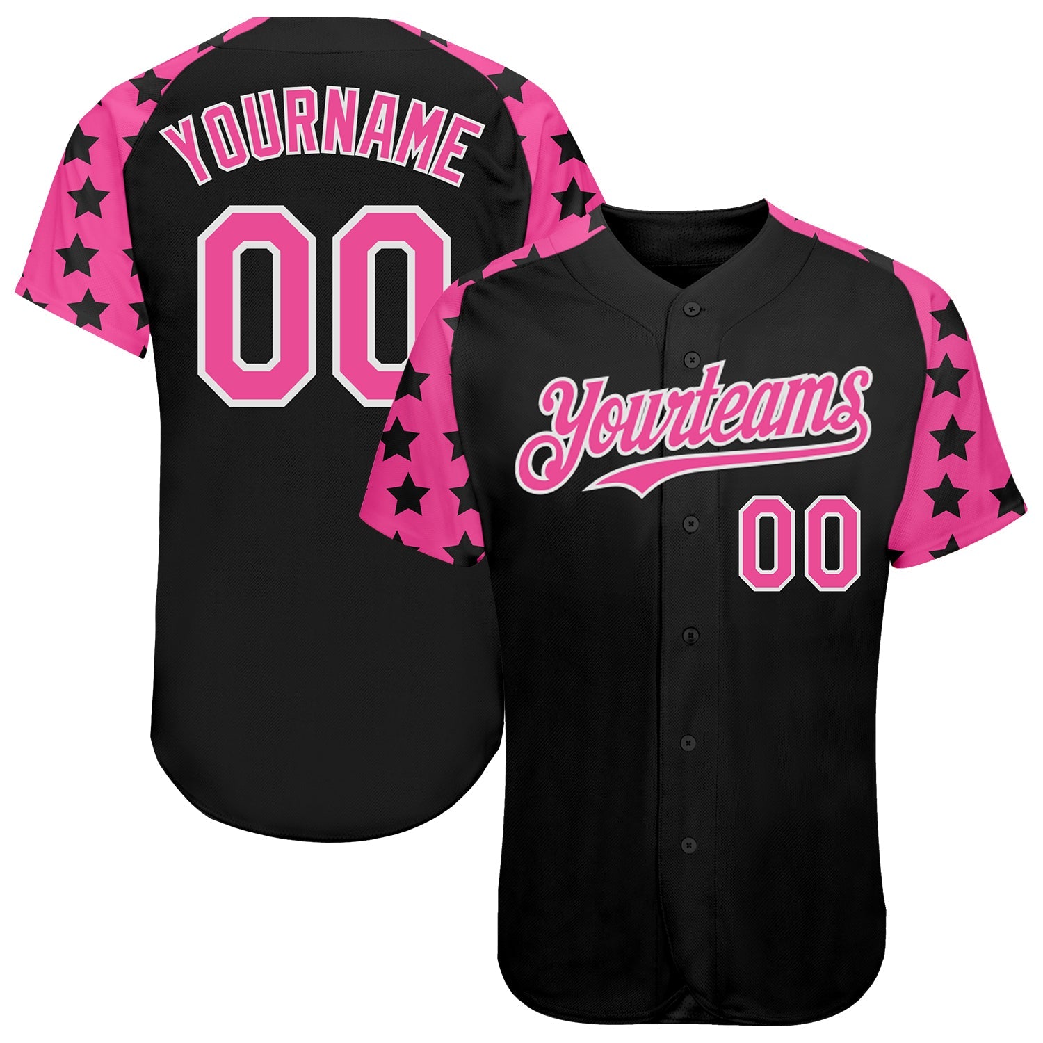 Custom Black Pink-White Star Raglan Sleeves Authentic Baseball Jersey - Main View
