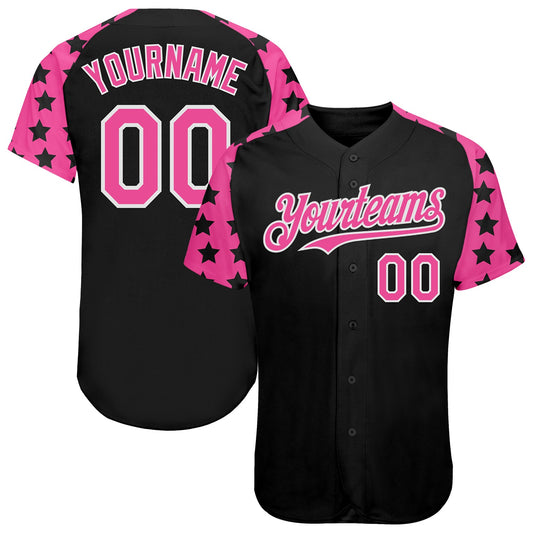 Custom Black Pink-White Star Raglan Sleeves Authentic Baseball Jersey - Main View