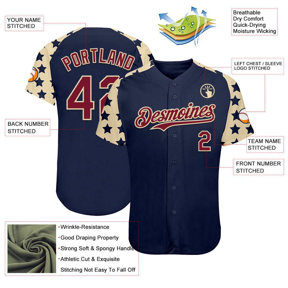 Custom Navy Crimson-Cream Star Raglan Sleeves Authentic Baseball Jersey view 3