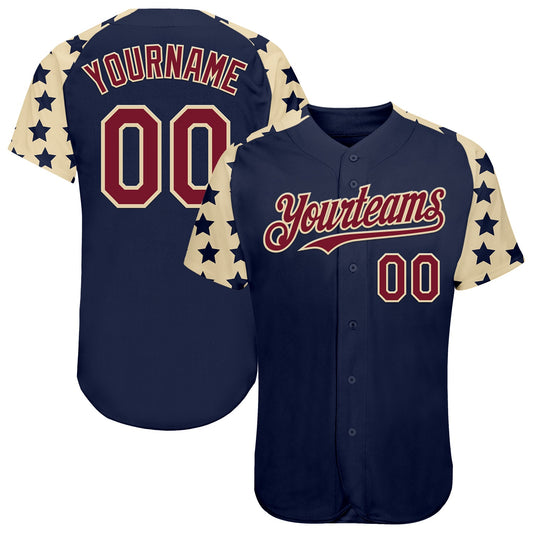 Custom Navy Crimson-Cream Star Raglan Sleeves Authentic Baseball Jersey - Main View