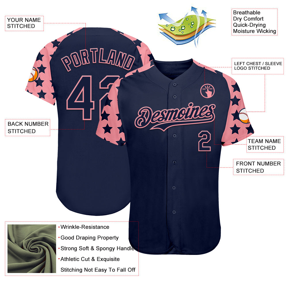 Custom Navy Medium Pink Star Raglan Sleeves Authentic Baseball Jersey view 3
