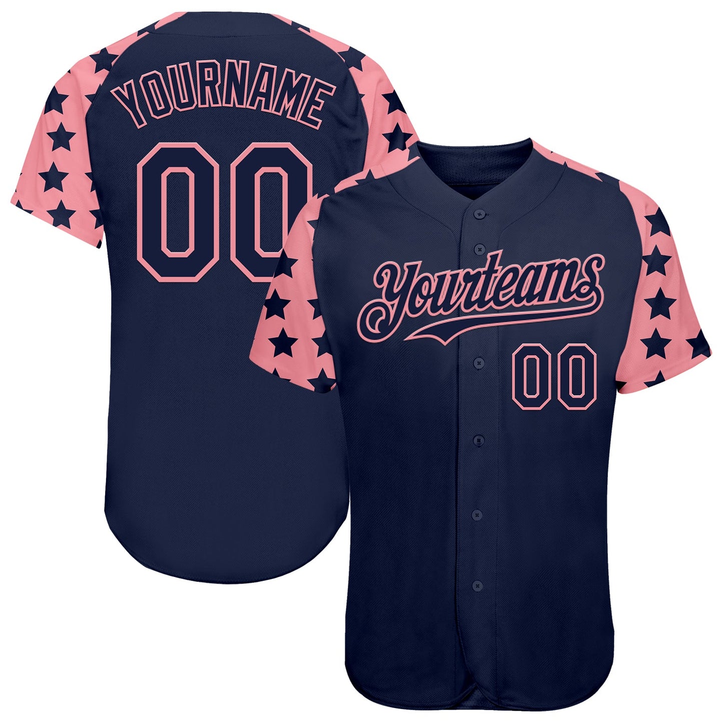 Custom Navy Medium Pink Star Raglan Sleeves Authentic Baseball Jersey - Main View