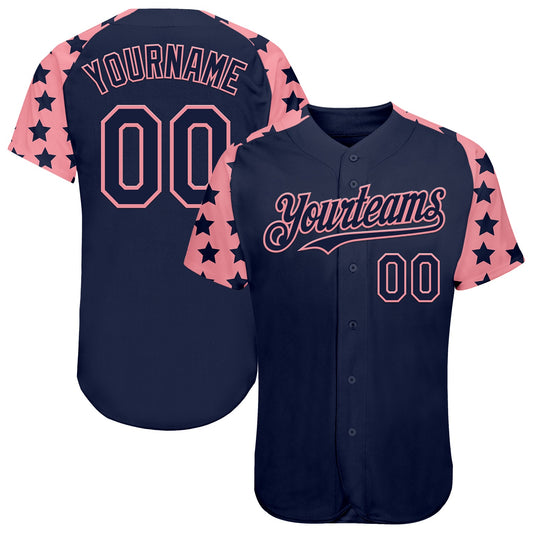 Custom Navy Medium Pink Star Raglan Sleeves Authentic Baseball Jersey - Main View