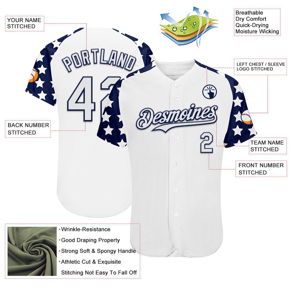 Custom White Navy Star Raglan Sleeves Authentic Baseball Jersey view 3
