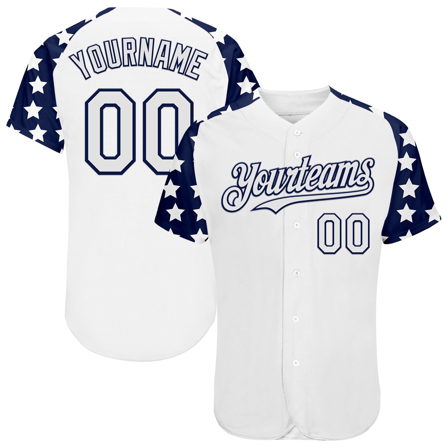 Custom White Navy Star Raglan Sleeves Authentic Baseball Jersey - Main View
