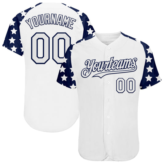 Custom White Navy Star Raglan Sleeves Authentic Baseball Jersey - Main View