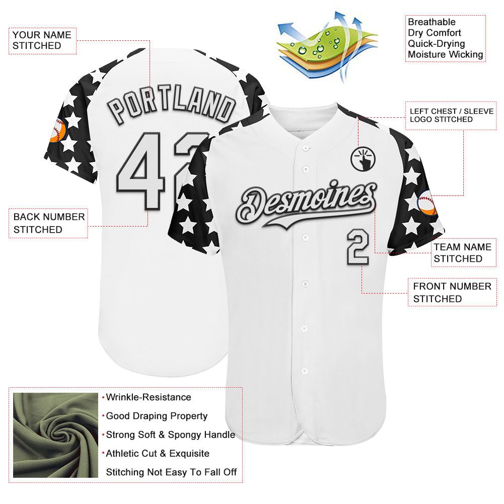 Custom White Black Star Raglan Sleeves Authentic Baseball Jersey view 3