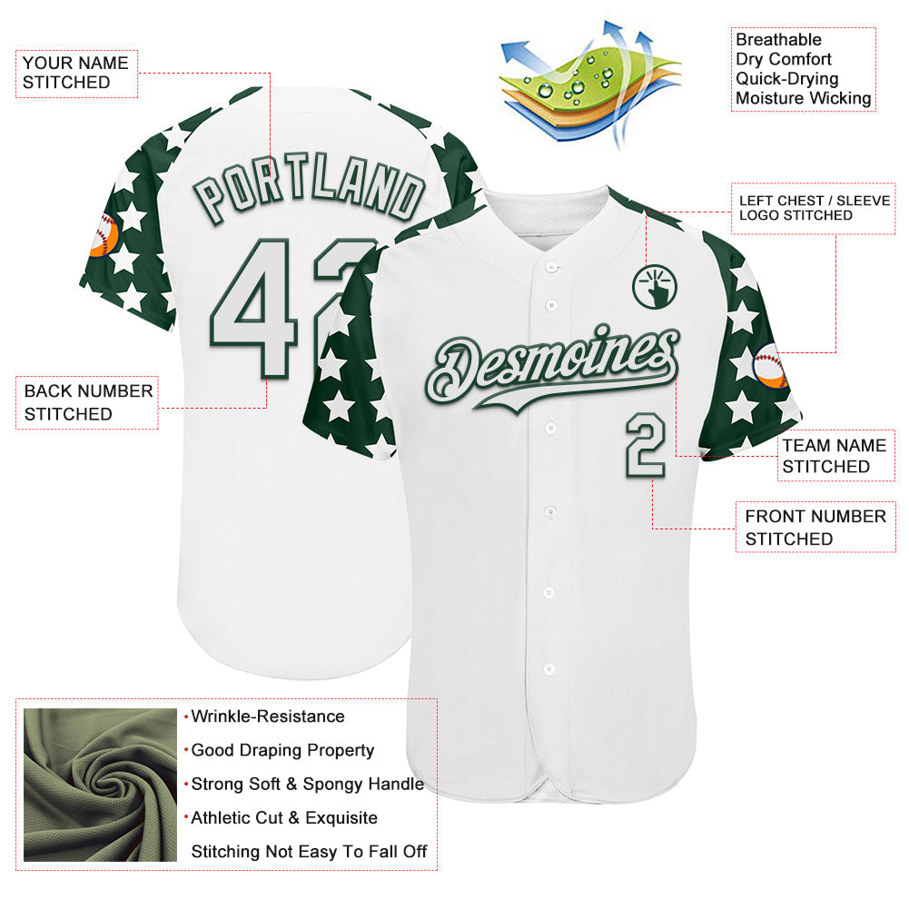 Custom White Green Star Raglan Sleeves Authentic Baseball Jersey view 3