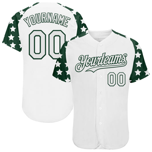 Custom White Green Star Raglan Sleeves Authentic Baseball Jersey - Main View