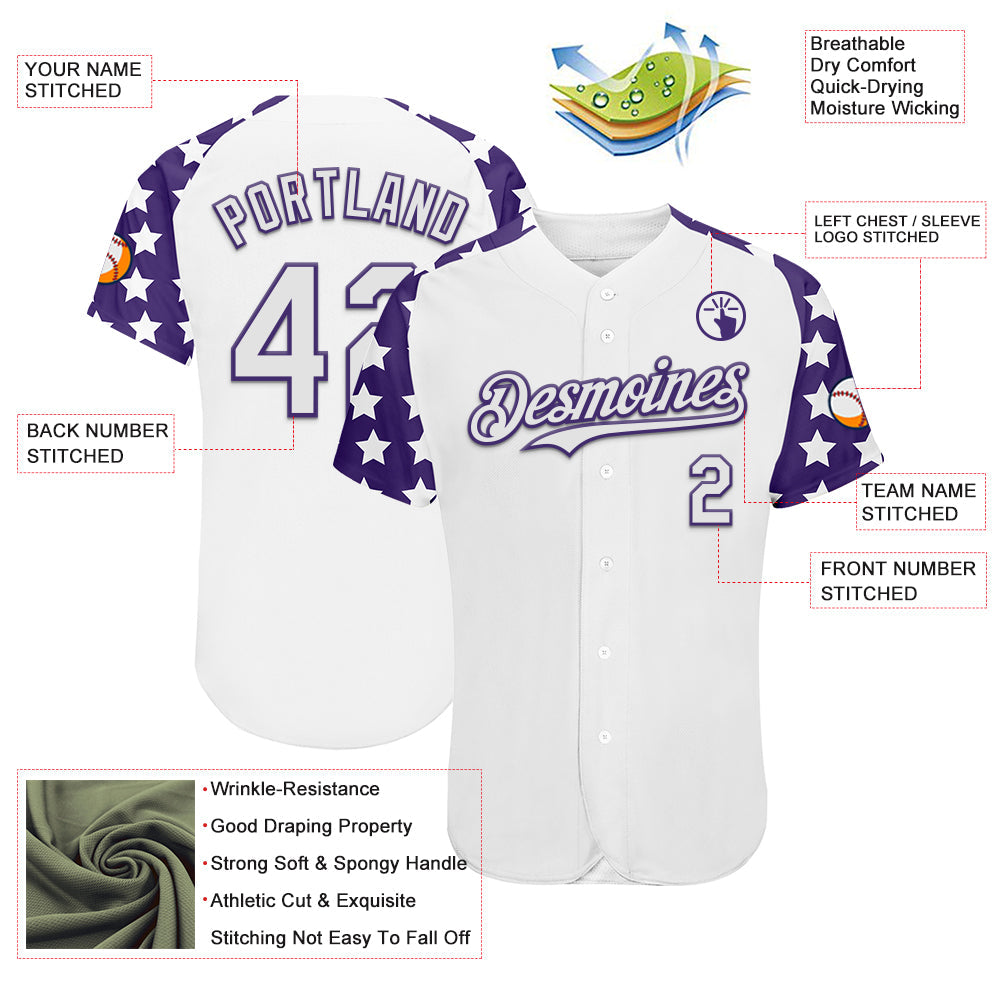 Custom White Purple Star Raglan Sleeves Authentic Baseball Jersey view 3