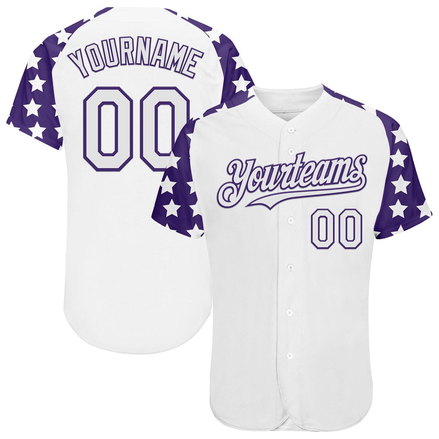 Custom White Purple Star Raglan Sleeves Authentic Baseball Jersey - Main View