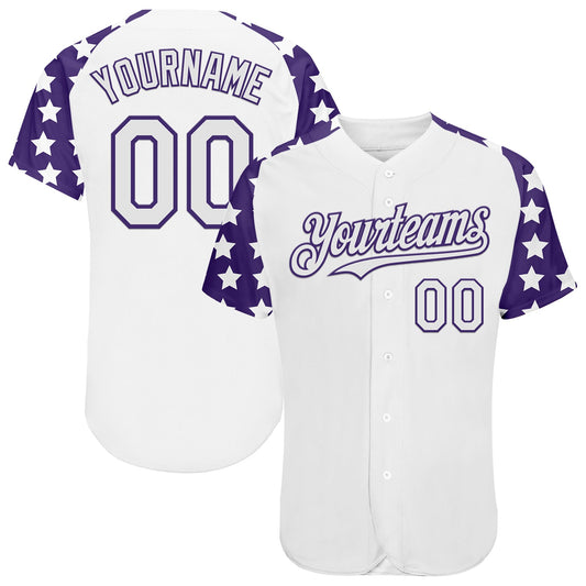 Custom White Purple Star Raglan Sleeves Authentic Baseball Jersey - Main View