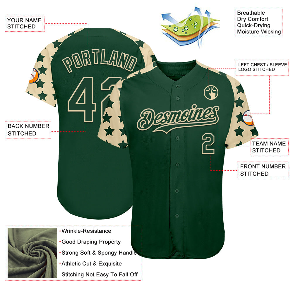 Custom Green Cream Star Raglan Sleeves Authentic Baseball Jersey view 3