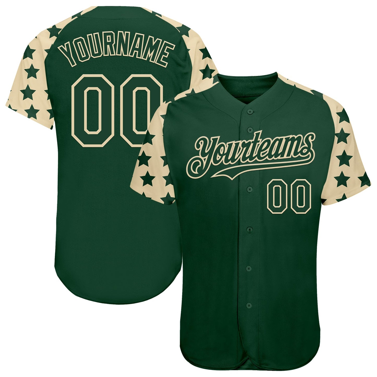 Custom Green Cream Star Raglan Sleeves Authentic Baseball Jersey - Main View