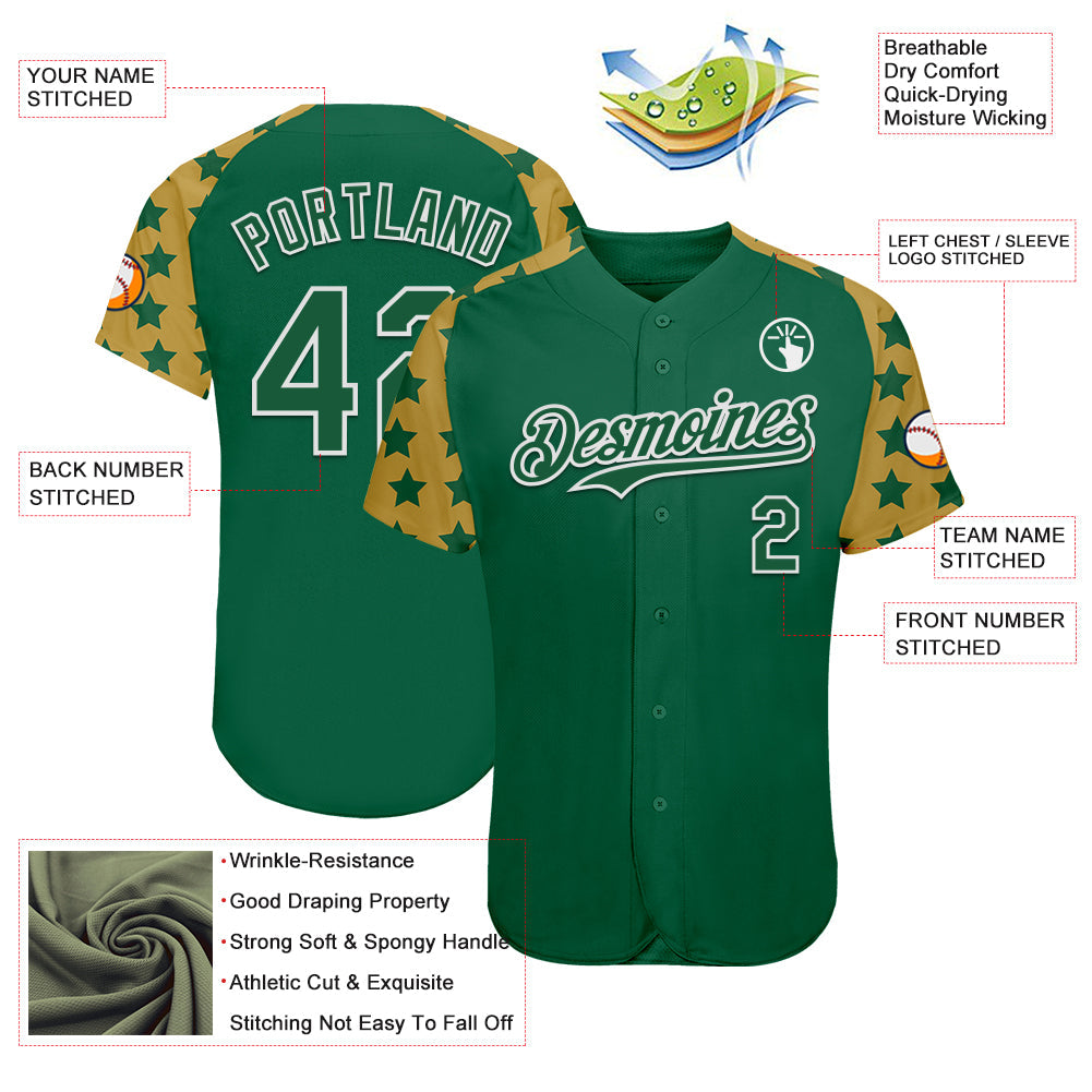 Custom Green White-Old Gold Star Raglan Sleeves Authentic Baseball Jersey view 3