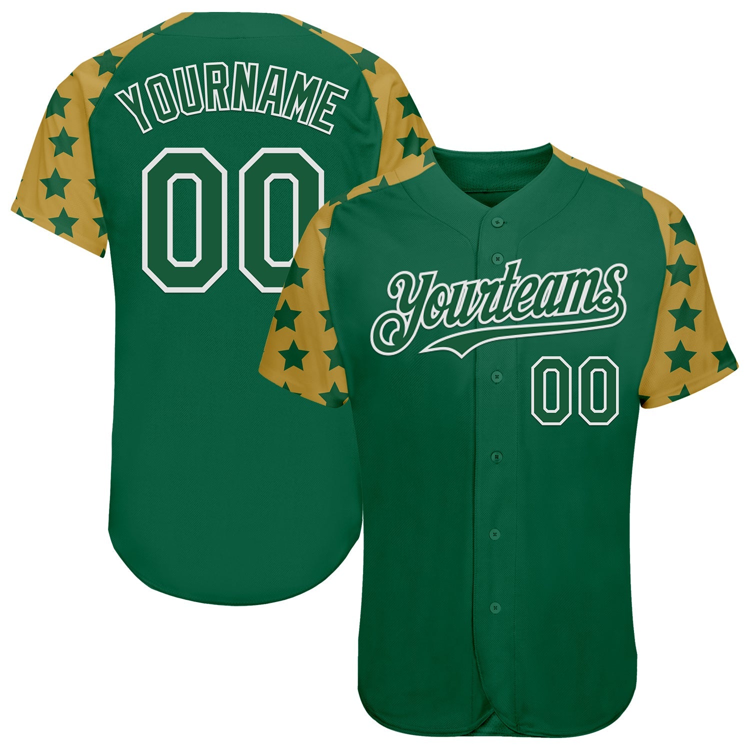 Custom Green White-Old Gold Star Raglan Sleeves Authentic Baseball Jersey - Main View