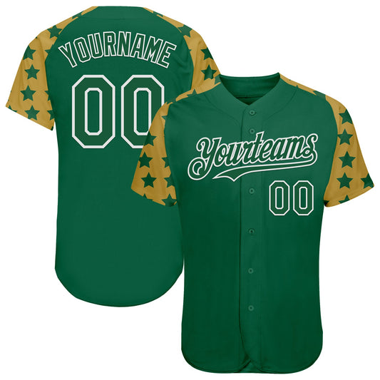 Custom Green White-Old Gold Star Raglan Sleeves Authentic Baseball Jersey - Main View