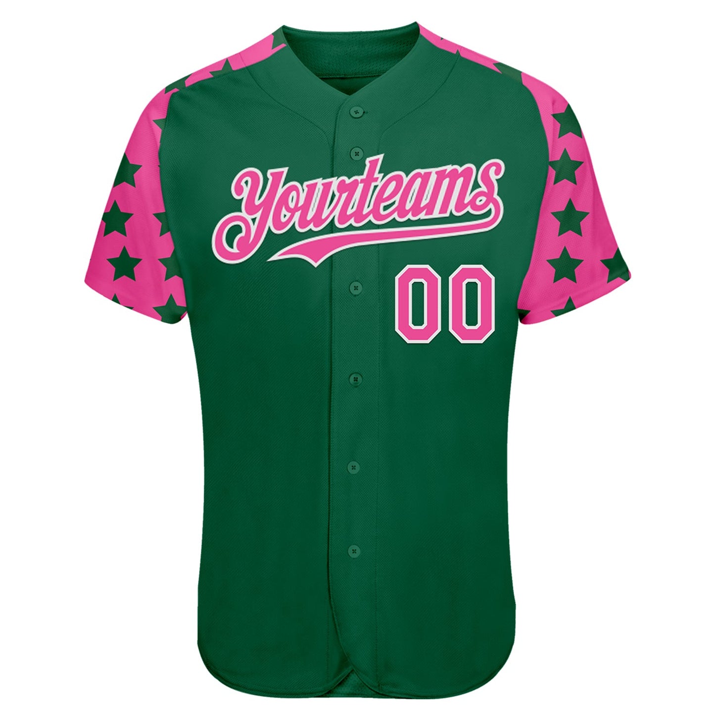 Custom Green Pink-White Star Raglan Sleeves Authentic Baseball Jersey view 2