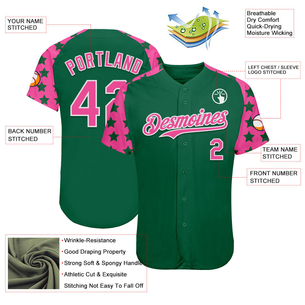 Custom Green Pink-White Star Raglan Sleeves Authentic Baseball Jersey view 3
