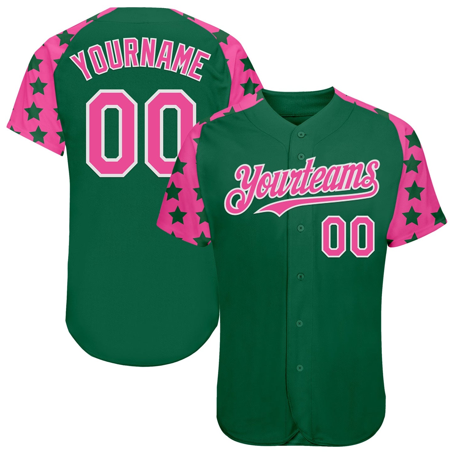 Custom Green Pink-White Star Raglan Sleeves Authentic Baseball Jersey - Main View