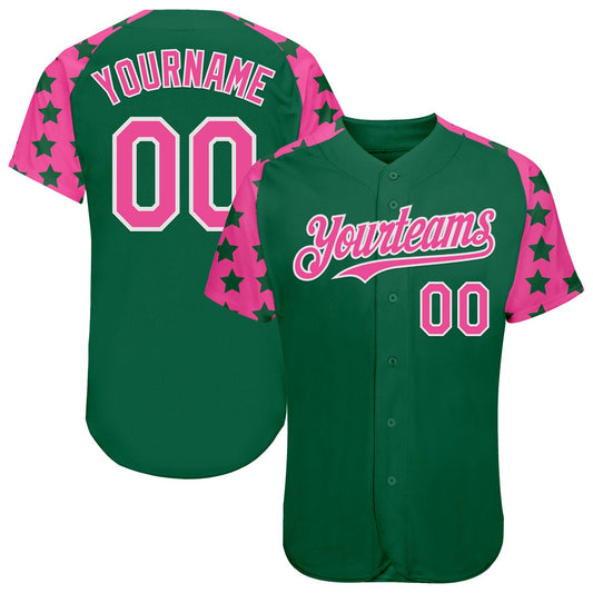 Custom Green Pink-White Star Raglan Sleeves Authentic Baseball Jersey - Main View