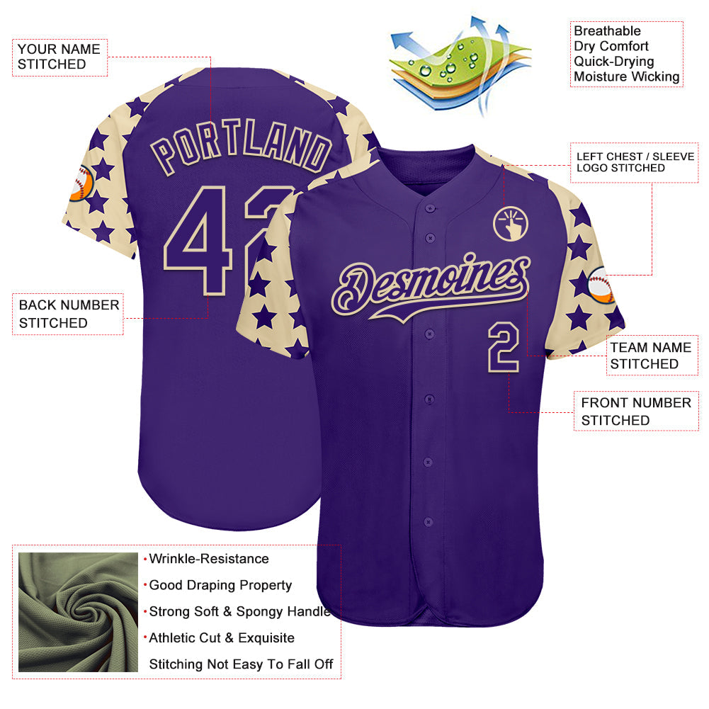 Custom Purple Cream Star Raglan Sleeves Authentic Baseball Jersey view 3