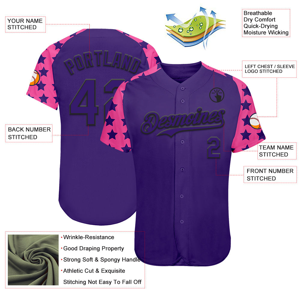 Custom Purple Black-Pink Star Raglan Sleeves Authentic Baseball Jersey view 3