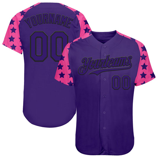 Custom Purple Black-Pink Star Raglan Sleeves Authentic Baseball Jersey - Main View