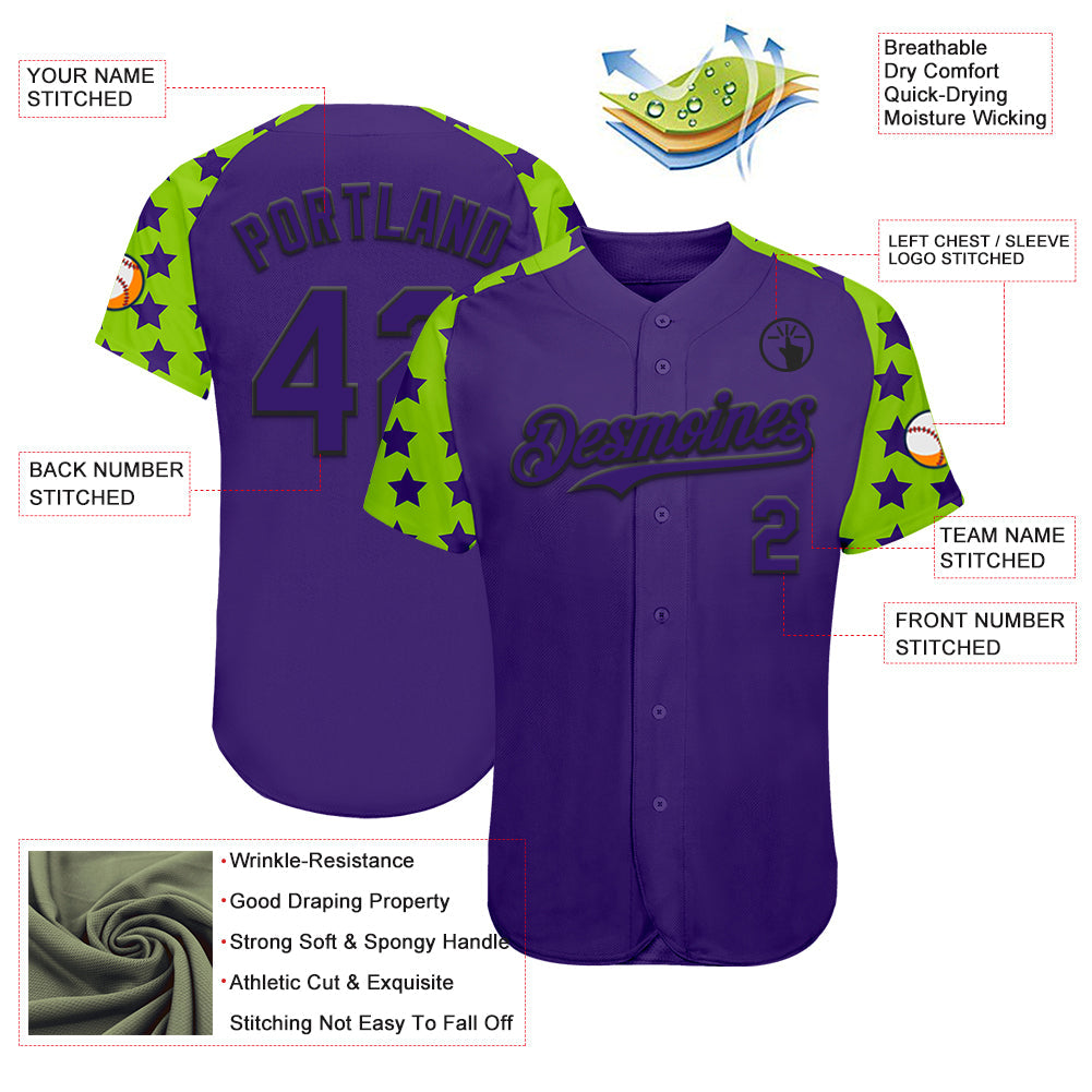 Custom Purple Black-Neon Green Star Raglan Sleeves Authentic Baseball Jersey view 3