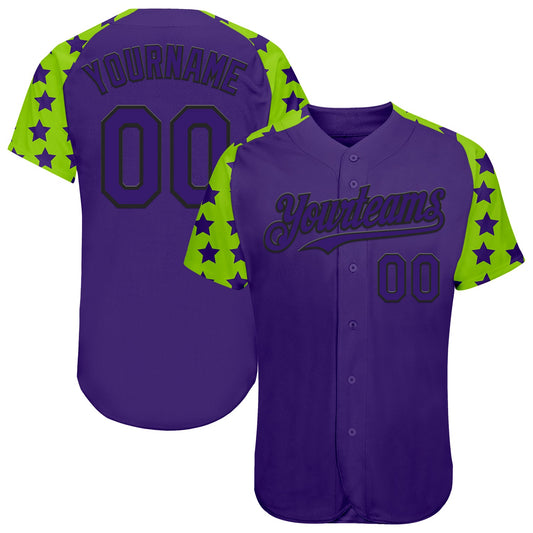 Custom Purple Black-Neon Green Star Raglan Sleeves Authentic Baseball Jersey - Main View