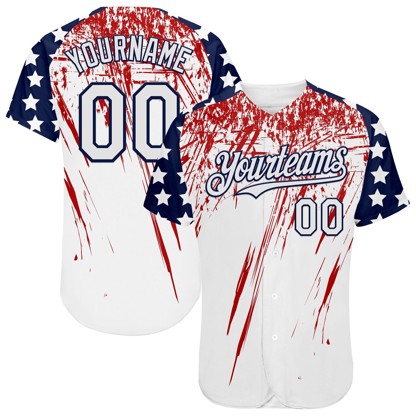 Custom White Navy-Red Splatter Brush Stroke Star Raglan Sleeves Authentic Baseball Jersey - Main View