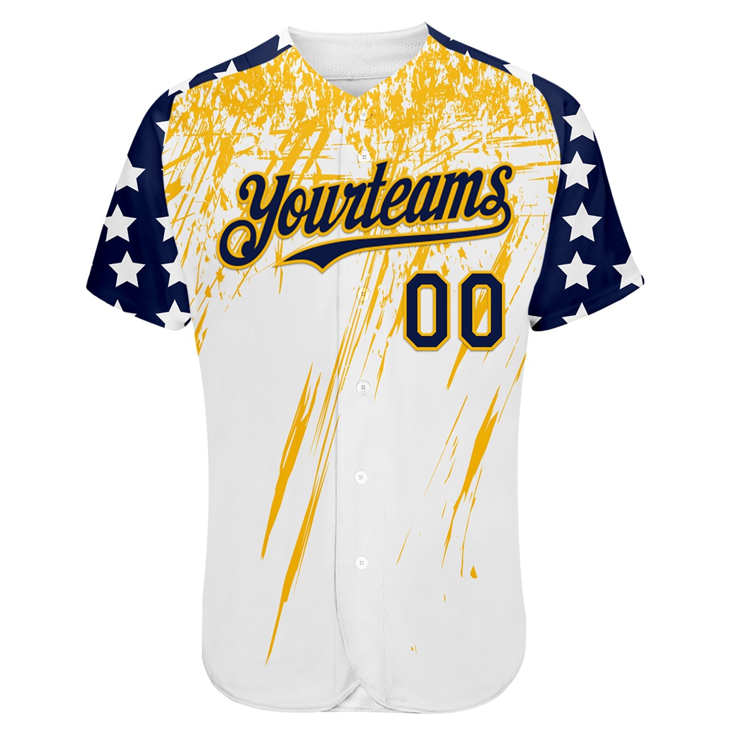 Custom White Navy-Gold Splatter Brush Stroke Star Raglan Sleeves Authentic Baseball Jersey view 2