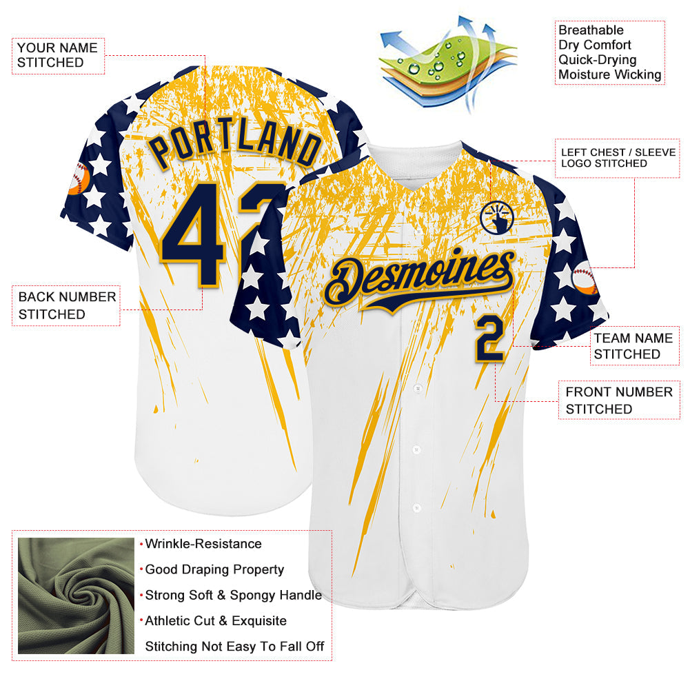Custom White Navy-Gold Splatter Brush Stroke Star Raglan Sleeves Authentic Baseball Jersey view 3