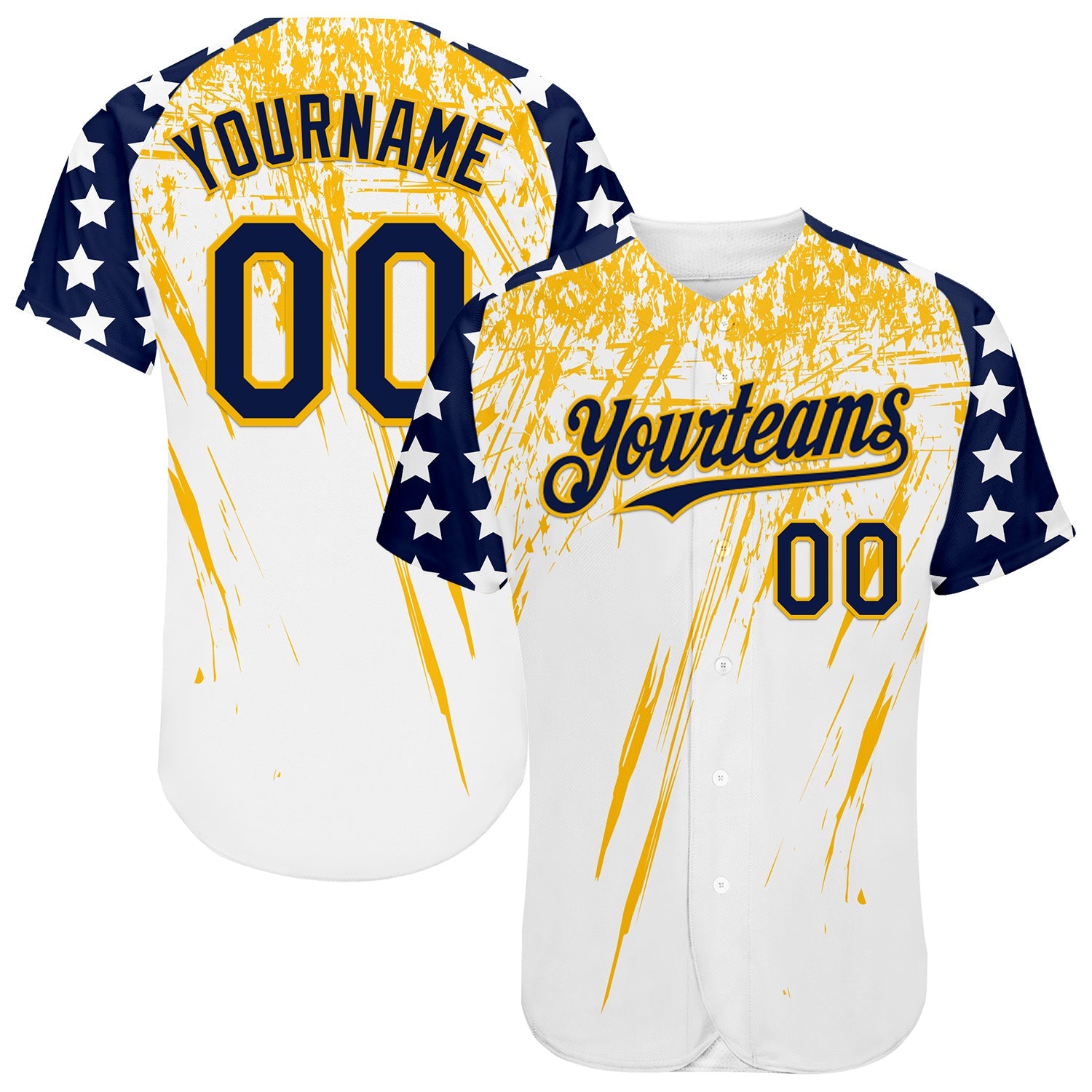 Custom White Navy-Gold Splatter Brush Stroke Star Raglan Sleeves Authentic Baseball Jersey - Main View