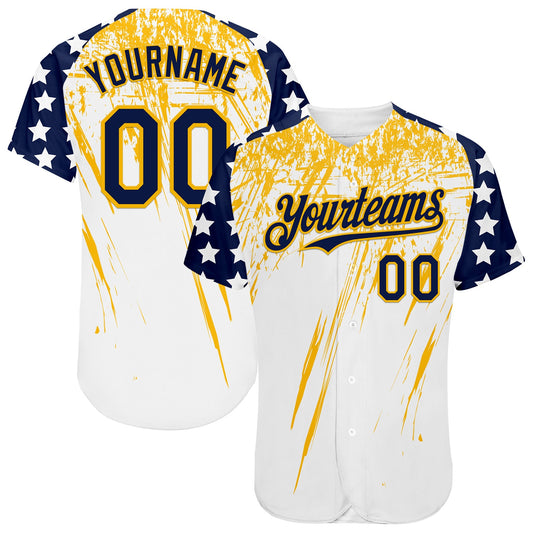 Custom White Navy-Gold Splatter Brush Stroke Star Raglan Sleeves Authentic Baseball Jersey - Main View