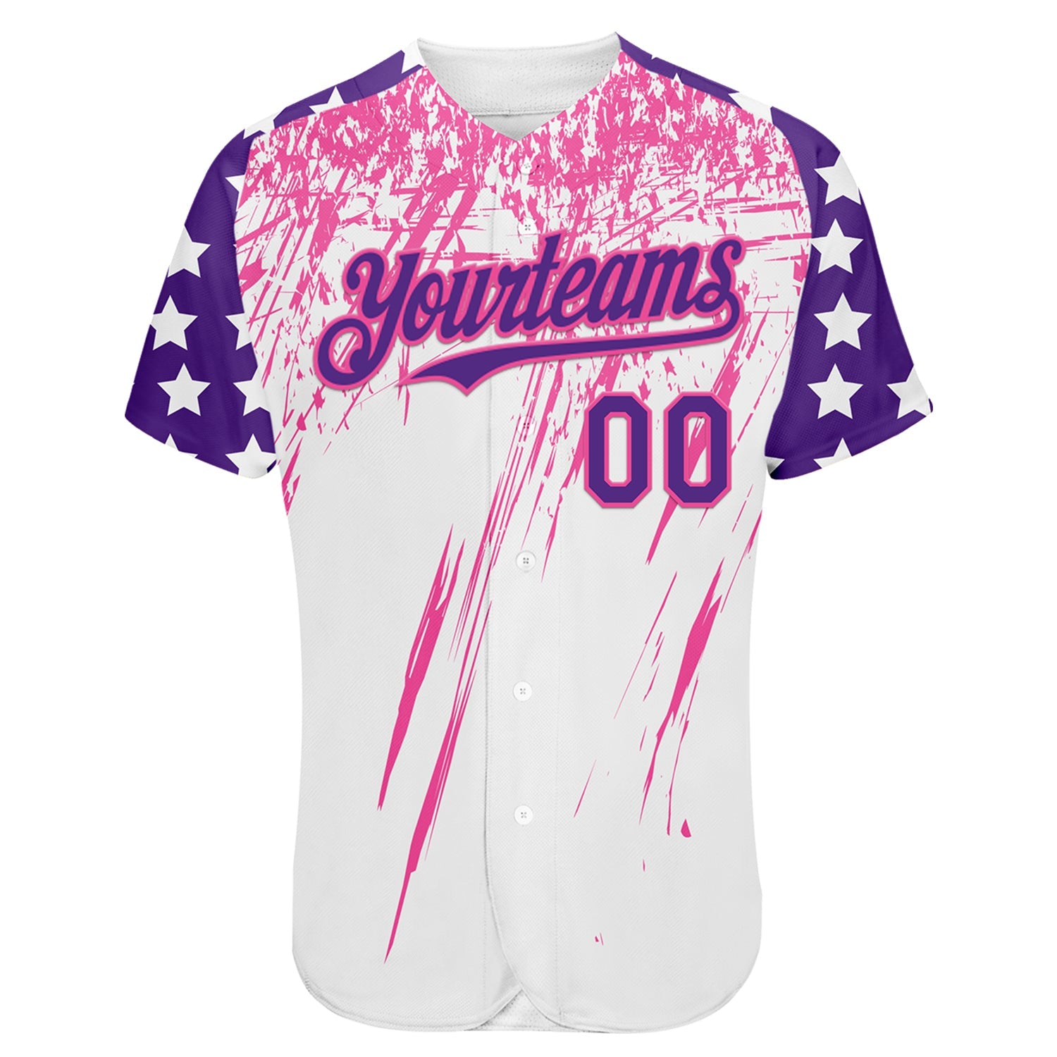Custom White Purple-Pink Splatter Brush Stroke Star Raglan Sleeves  Authentic Baseball Jersey view 2