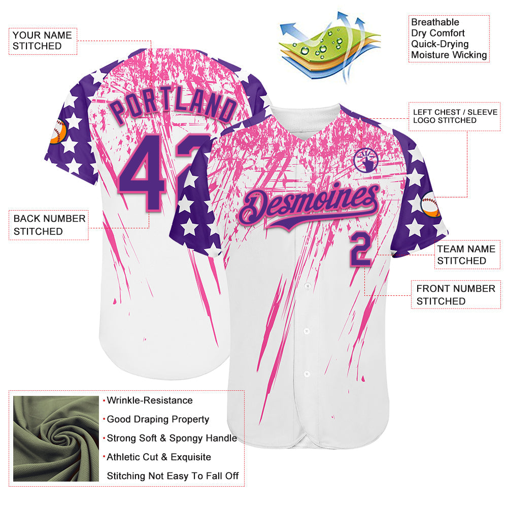 Custom White Purple-Pink Splatter Brush Stroke Star Raglan Sleeves  Authentic Baseball Jersey view 3