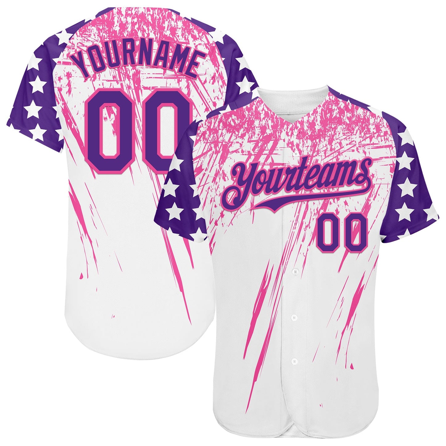 Custom White Purple-Pink Splatter Brush Stroke Star Raglan Sleeves  Authentic Baseball Jersey - Main View