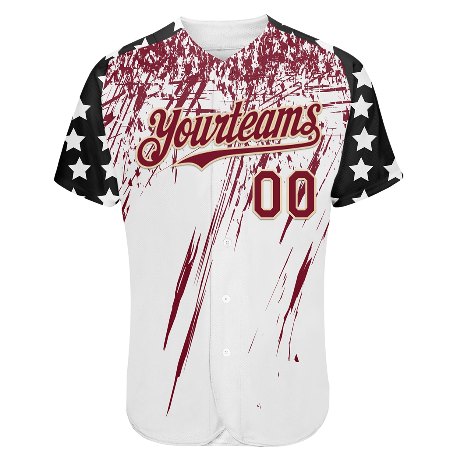 Custom White Crimson Cream-Black Splatter Brush Stroke Star Raglan Sleeves Authentic Baseball Jersey view 2