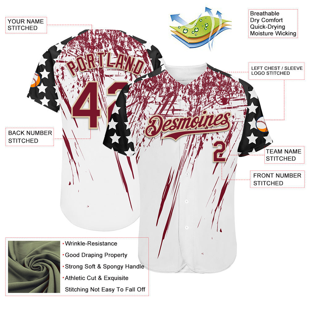 Custom White Crimson Cream-Black Splatter Brush Stroke Star Raglan Sleeves Authentic Baseball Jersey view 3